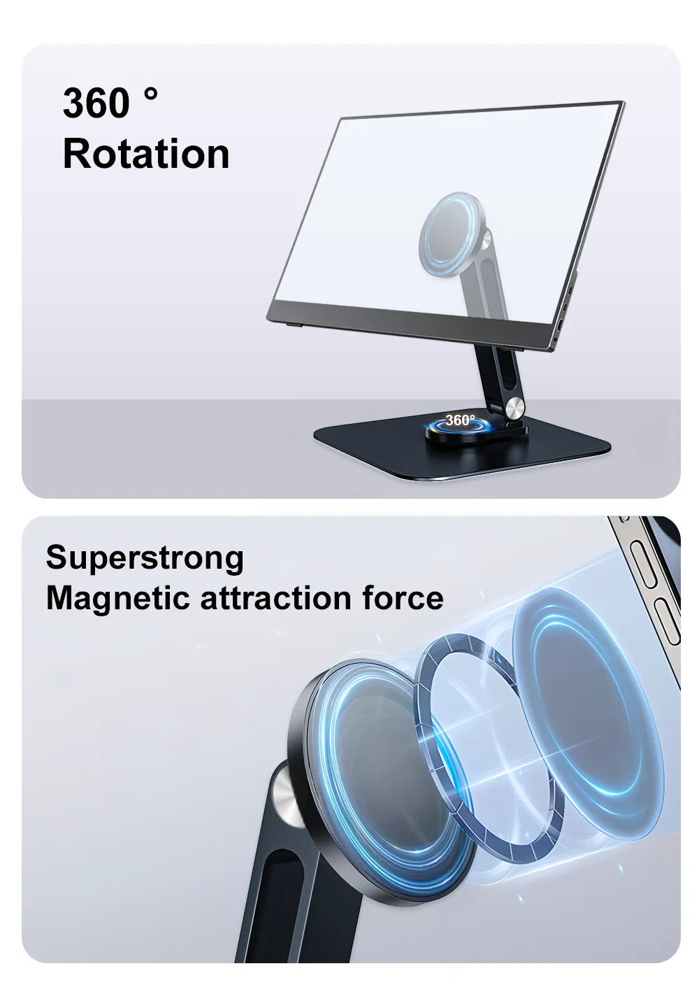 360° Stand for Portable Monitor Magnetic Bracket Aluminum Alloy Desktop Holder 3KG Load Capacity Ultra Stable for Phone Tablet