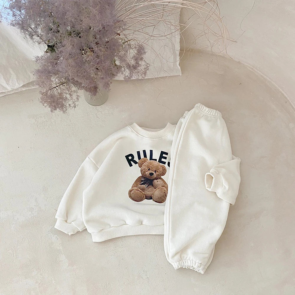 Korean 1-4Y Boys Outfit Set Toddler Girls Clothes Set Fashion Sweatshirt Tops +White Pants Spring Cartoon Bear Kids Clothes Suit
