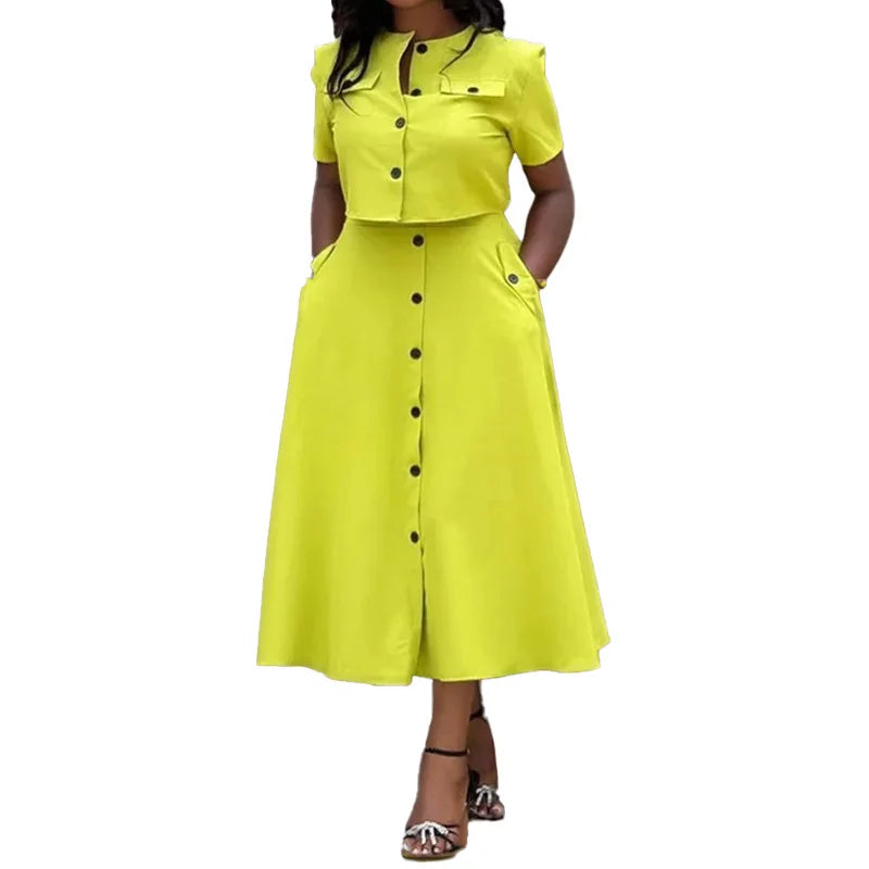 Women Top Skirt Sets Summer Short Sleeve O-Neck Button Shirt + Midi Skirts Two 2 Piece Setss 2024 Elegant Office Ladies Suits