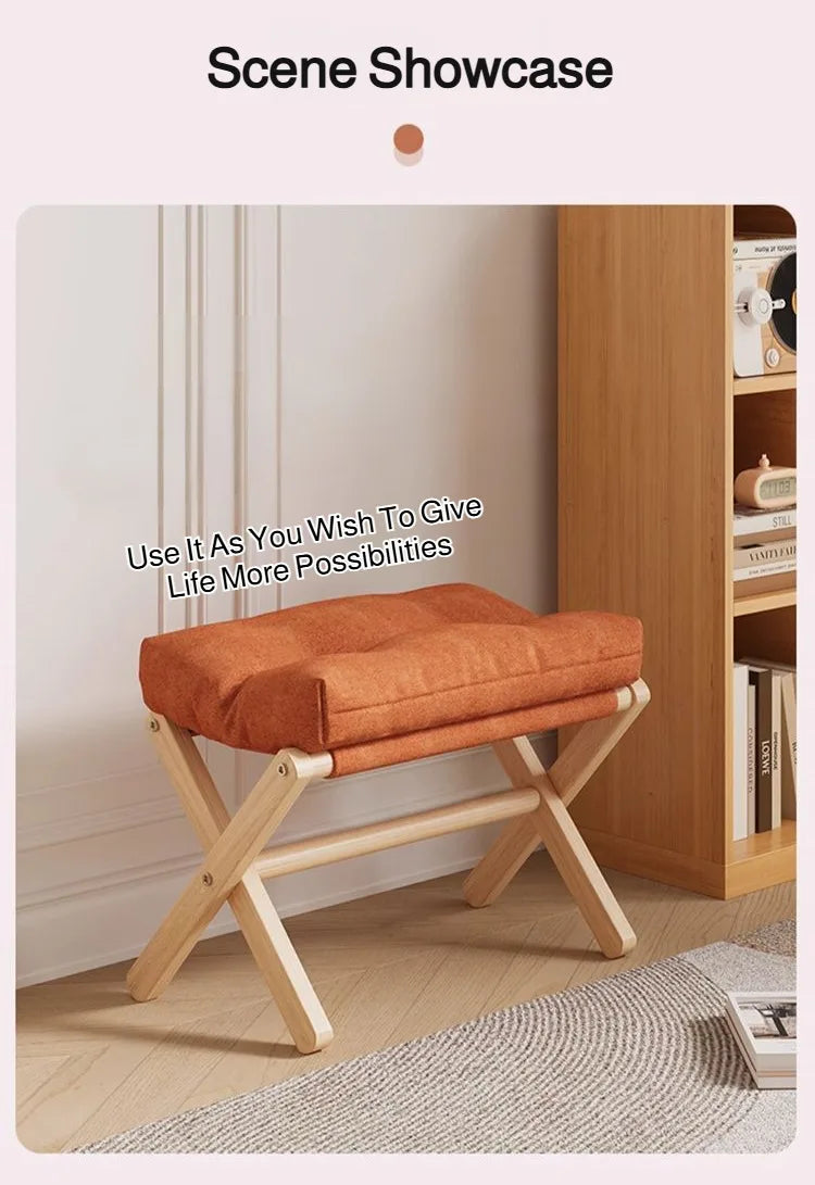 Solid Wood Shoe Changing Stool Footstool Sofa Rest Footstool, Folding Low Stool for The Entryway, Cotton-filled Cushion Stool