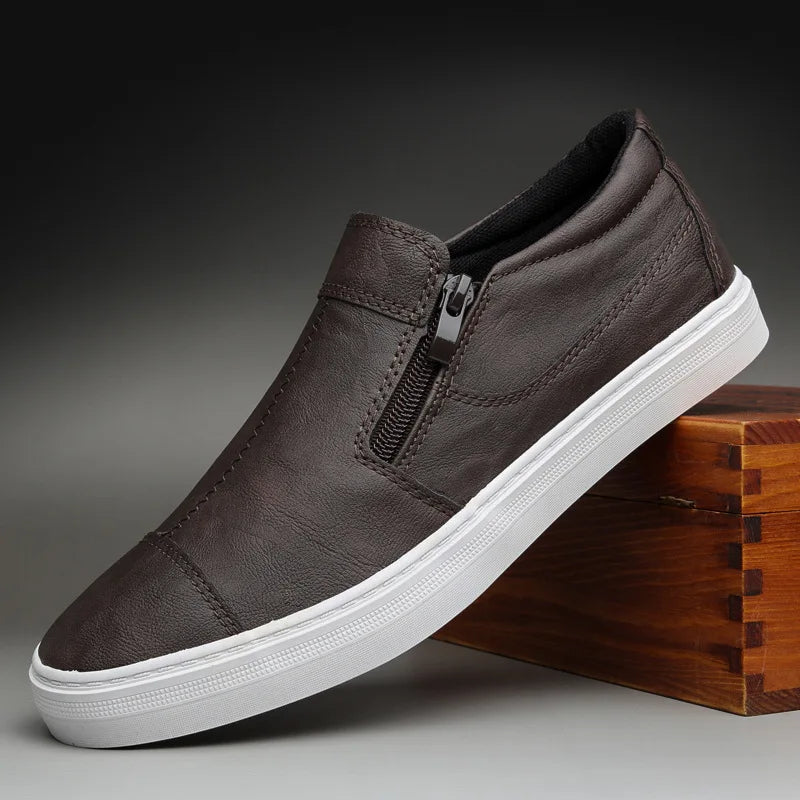 High Quality Leather Shoes for Men Shallow Mouth Mens Casual Shoes Korean Version Slip on Male Flats Zip Footwear Erkek Ayakkabı