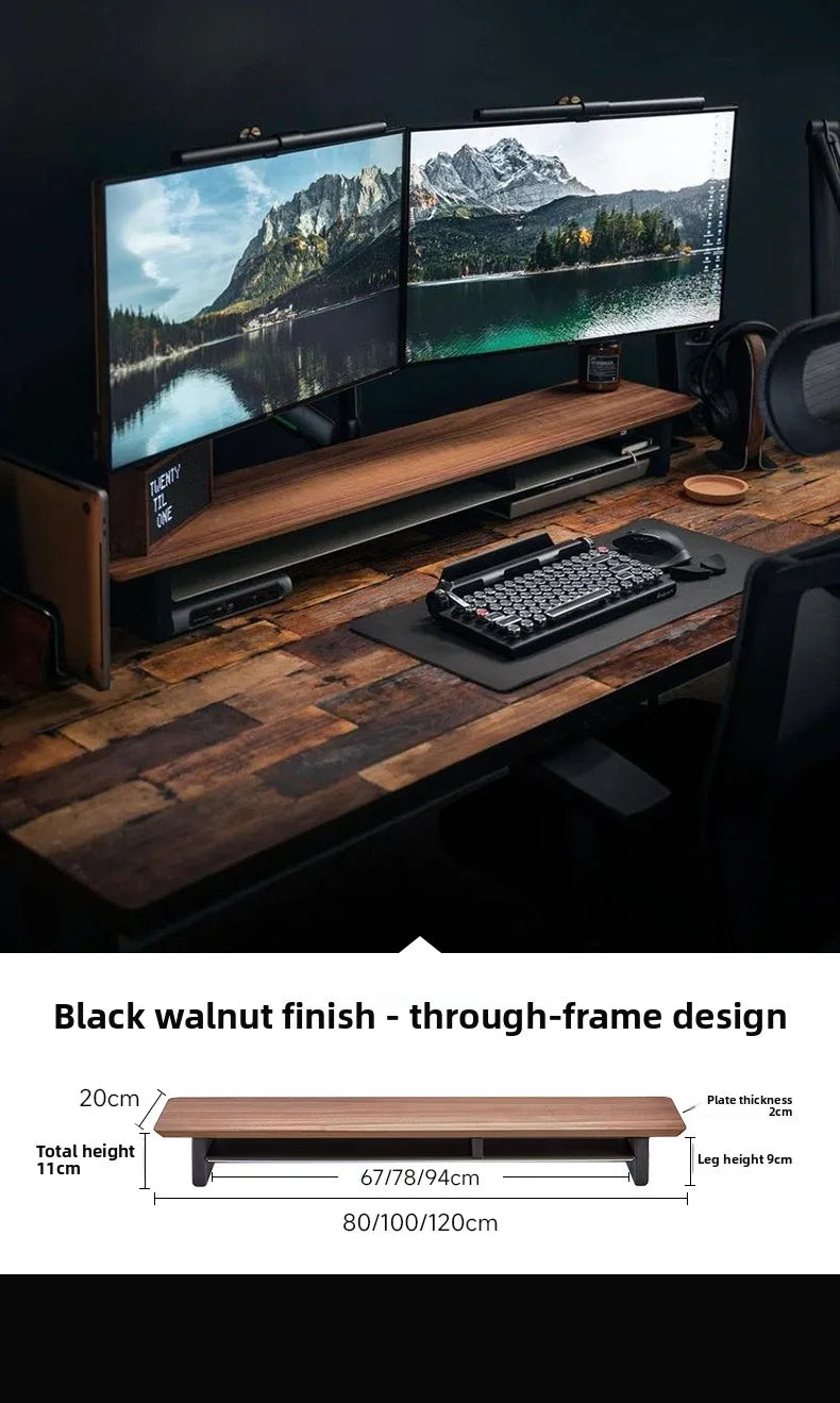 Walnut Wood Computer Riser with Drawers Desktop Storage Rack Double-Layer Monitor Stand Modern Office Space Saving Organizer