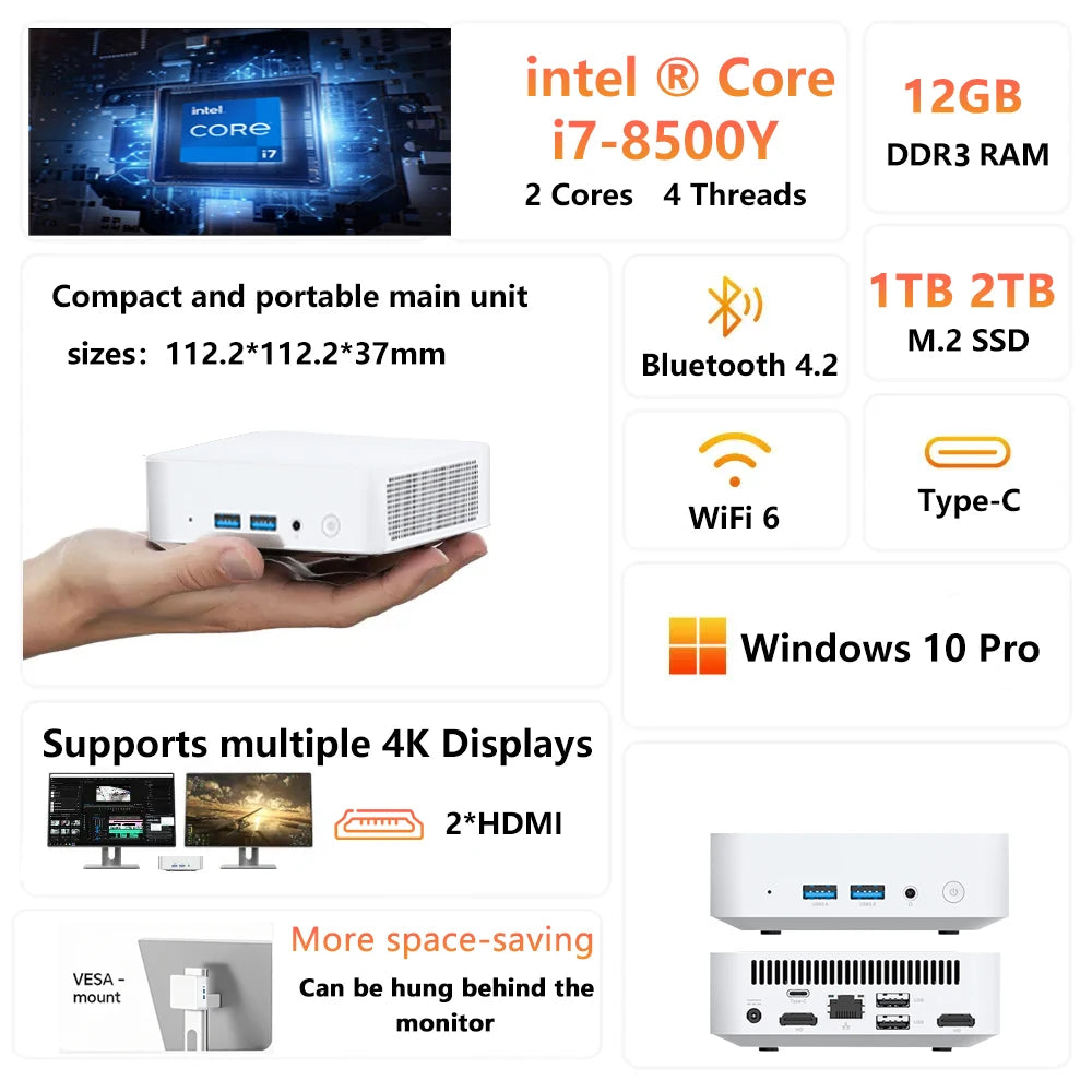 2025 Brand-new MINI PC Windows 10 Intel Core i7 8500Y Mini PC 12GB RAM 1TB SSD Mini Computer WIFI 6 BT4.2 4K HD Mini Gaming Pc