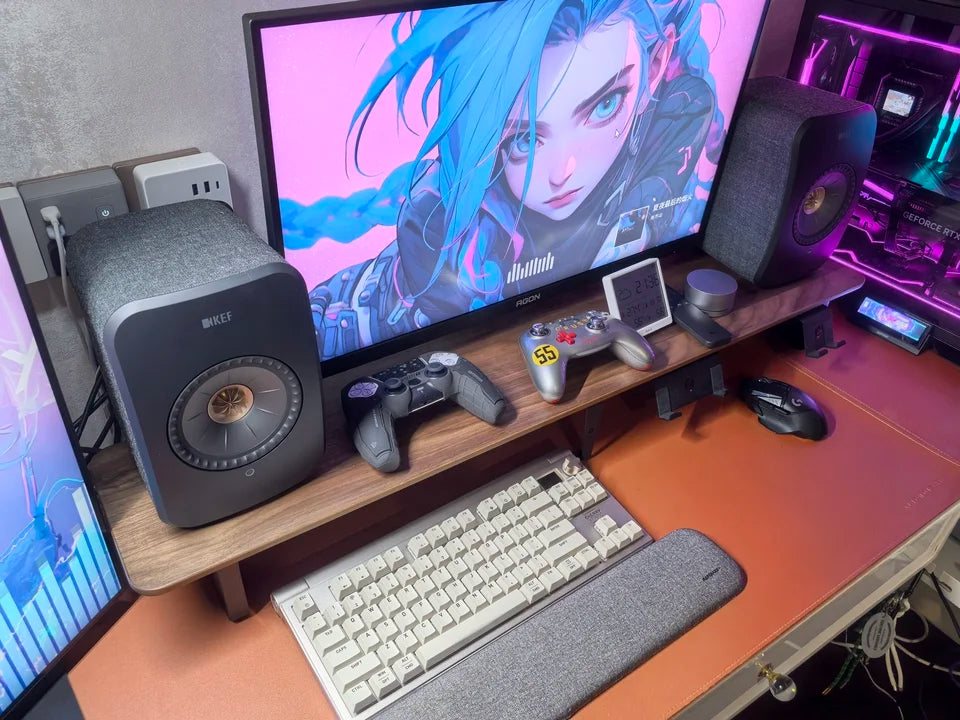 Walnut Wood Computer Riser with Drawers Desktop Storage Rack Double-Layer Monitor Stand Modern Office Space Saving Organizer