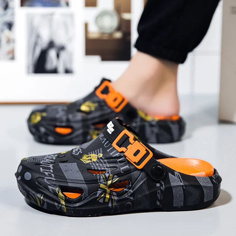 Men's Sports Sandals Eva Light Soft Comfortable Men's Beach Sandals Fashion Platform Buckle Slip-on Graffiti Slippers for Men