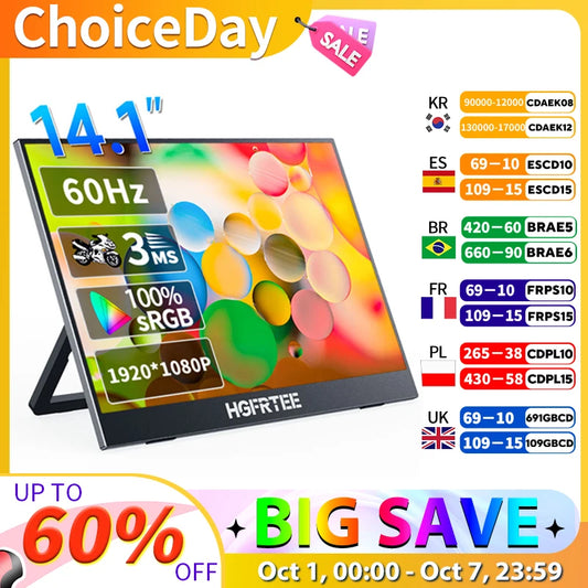 14.1 Inch Portable Monitor 1080P IPS 100%SRGB Gaming Portable Screen with Stand for Laptop PS5/4 Switch Xbox Raspberry Pi