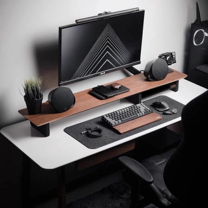 Walnut Wood Computer Riser with Drawers Desktop Storage Rack Double-Layer Monitor Stand Modern Office Space Saving Organizer