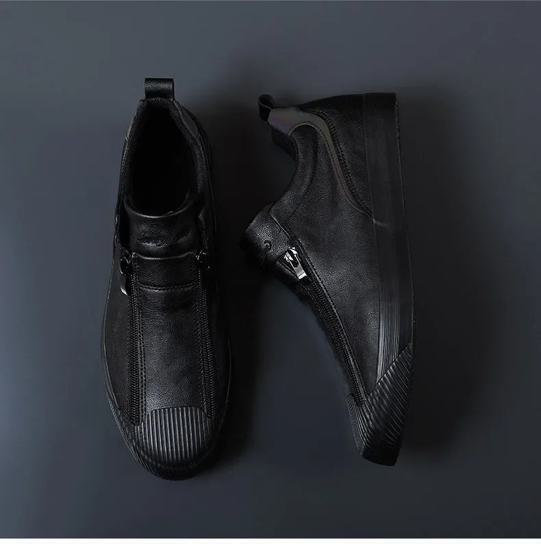2024 New Autumn Men's Trendy Sports Shoes Leather Soft Sole High Top Men's Shoes One Step Zipper Leather Shoes Size 38-44
