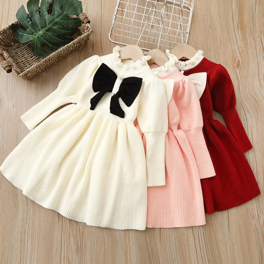 Kids Dresses for Girl Woolen Dress Children Knitted Jumpsuit Bow  Fashion Long Dress Baby Girl Dress Summer Dresses Ropa De Niña
