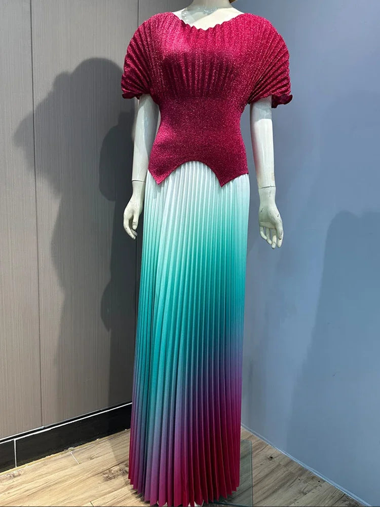 Miyake Pleated 2 Pieces Set Womens Fashion Short Batwing Sleeves Irregular Hem T-shirt New Gradient A-line Folds Long Skirt