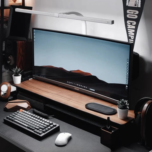 Walnut Wood Computer Riser with Drawers Desktop Storage Rack Double-Layer Monitor Stand Modern Office Space Saving Organizer