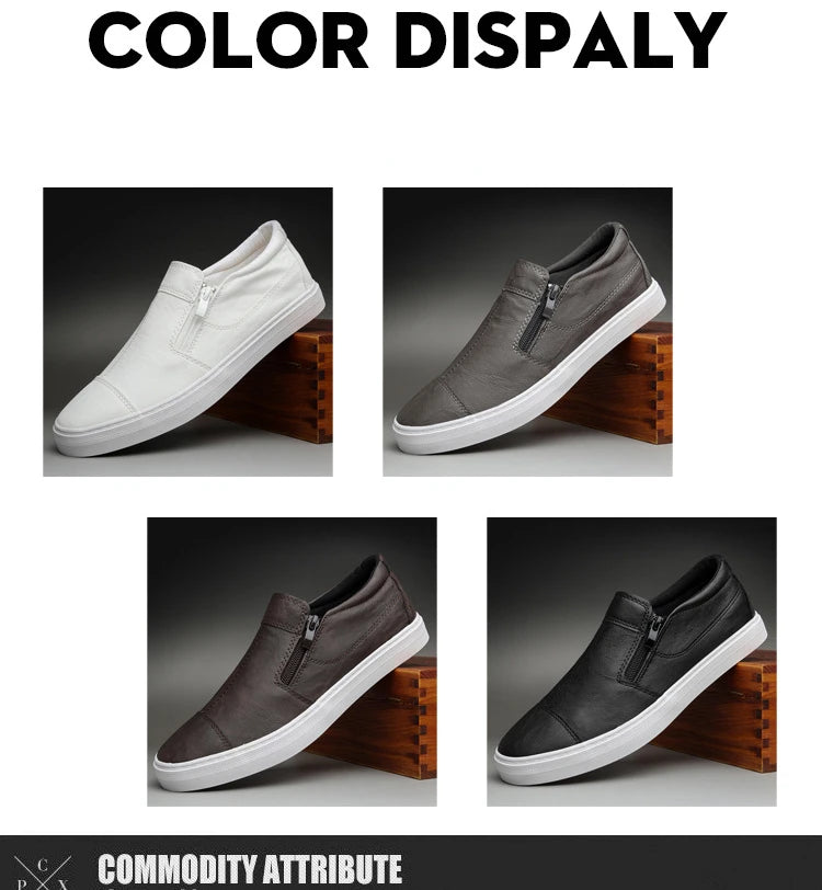 High Quality Leather Shoes for Men Shallow Mouth Mens Casual Shoes Korean Version Slip on Male Flats Zip Footwear Erkek Ayakkabı