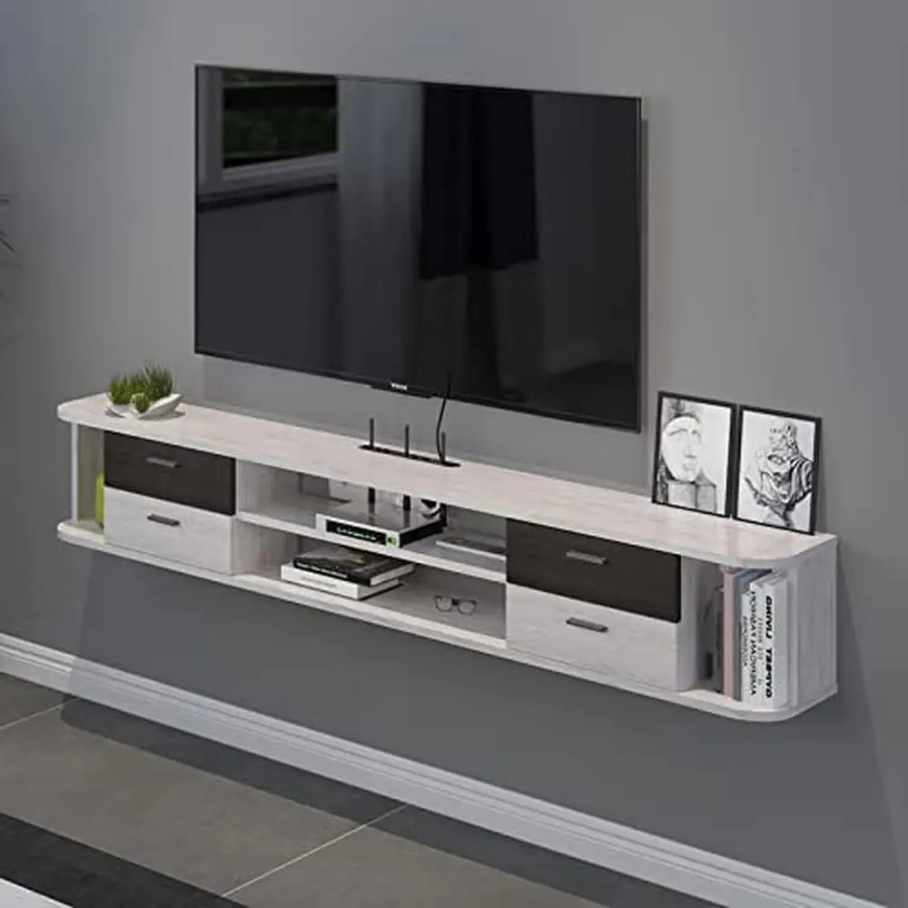 Floating TV Stand Wall Mounted 55'' Media Console Drawers Open Cabinets Cable Management Greyish White Slim Design Organize