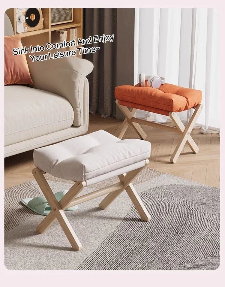 Solid Wood Shoe Changing Stool Footstool Sofa Rest Footstool, Folding Low Stool for The Entryway, Cotton-filled Cushion Stool