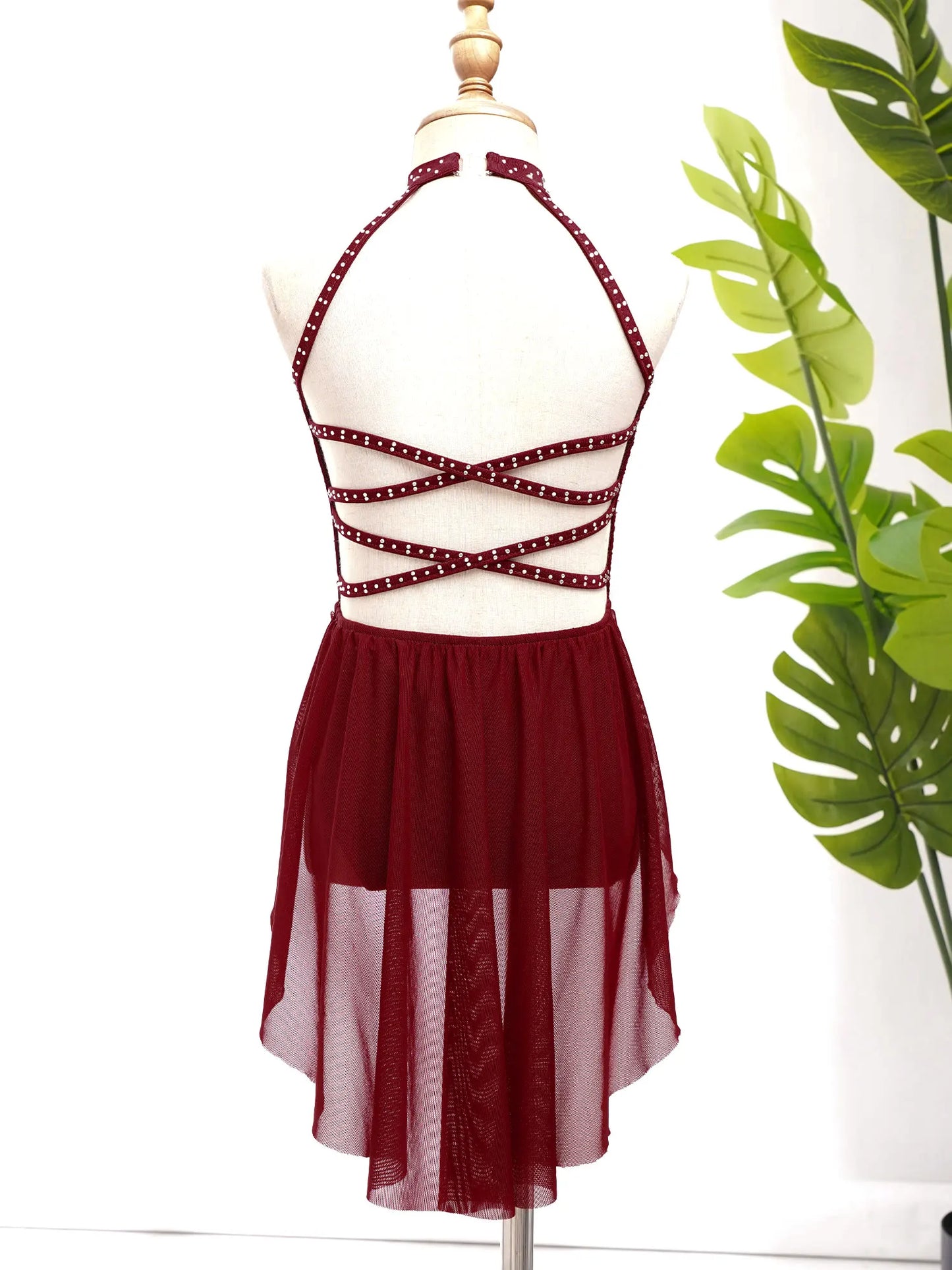 Kids Girls Lyrical Dance Leotard Dress Halter Backless Cutout Back Shiny Rhinestones Ruched Mesh Drape Dresses Modern Dancewear