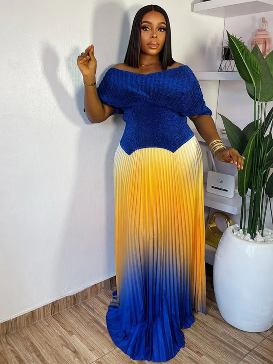 Miyake Pleated 2 Pieces Set Womens Fashion Short Batwing Sleeves Irregular Hem T-shirt New Gradient A-line Folds Long Skirt