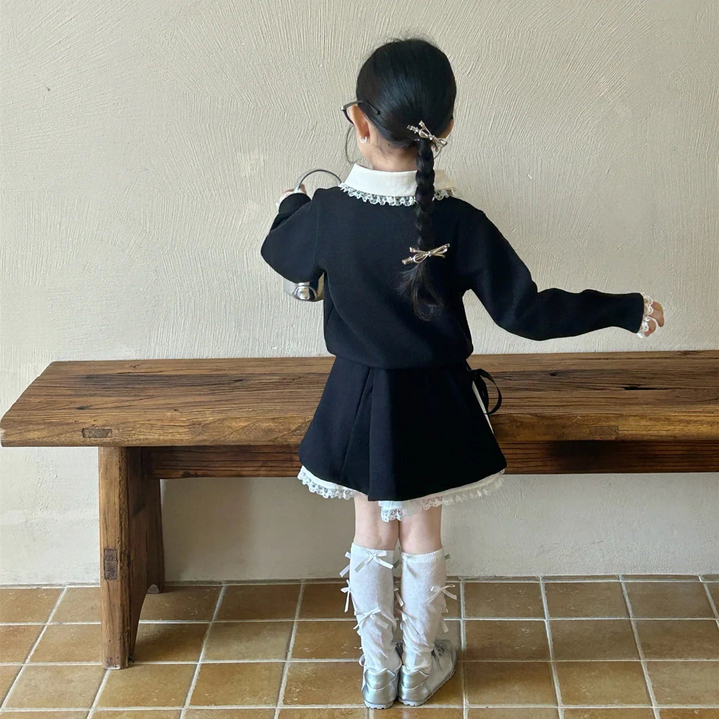 Childrens Dress 2025 Spring New Korean Fashion Girls All-match Butterfly-knot Lace Skirt Kids Clothes Girls