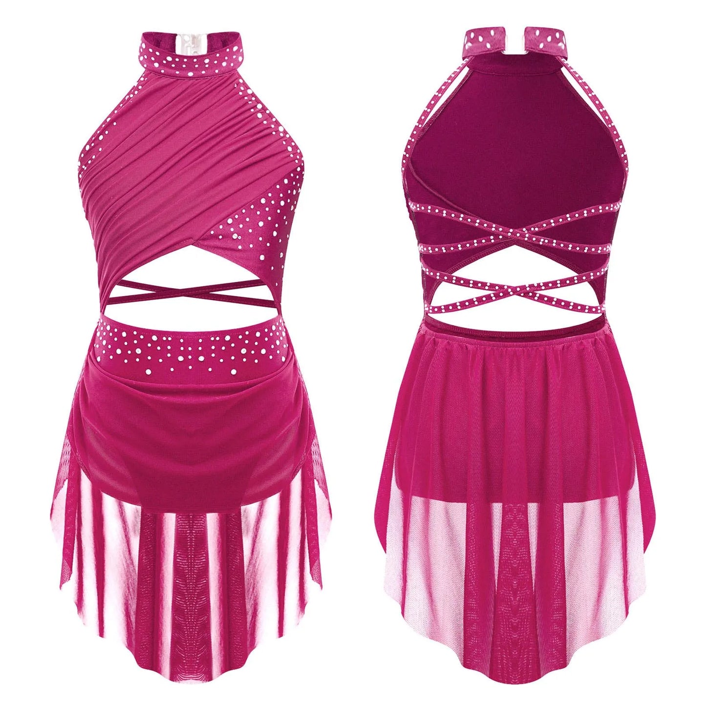 Kids Girls Lyrical Dance Leotard Dress Halter Backless Cutout Back Shiny Rhinestones Ruched Mesh Drape Dresses Modern Dancewear