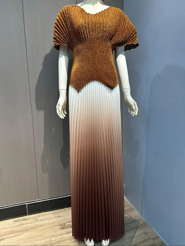 Miyake Pleated 2 Pieces Set Womens Fashion Short Batwing Sleeves Irregular Hem T-shirt New Gradient A-line Folds Long Skirt
