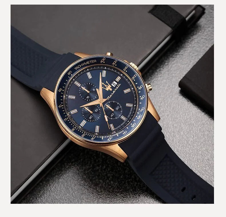Original gold Maserati men's watch sports leisure luxury Shi Ying Europe and America large dial black silicone watch.