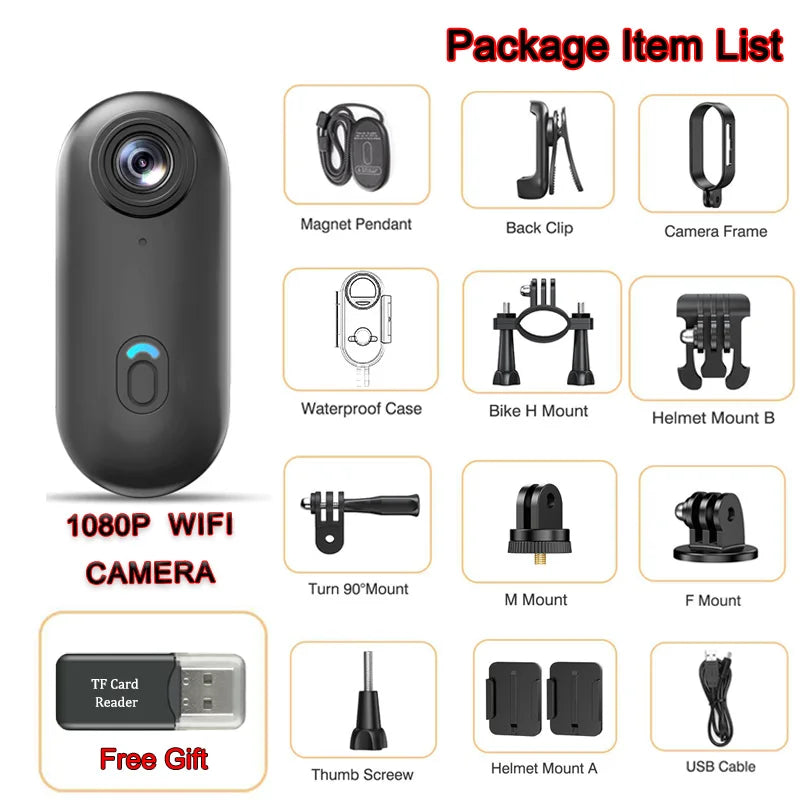 Pocket POV 4K Camera 1080P Mini WiFi Wireless Bodycam Magnetic Mount Vlog Video Recorder Action Motorcycle Helmet Sports Cam