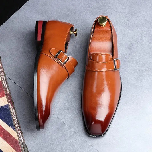 Man Retro Casual Business Shoes Microfiber Leather Square Toe Slip-on Buckle Dress Office Flats For Men Wedding Party Oxfords