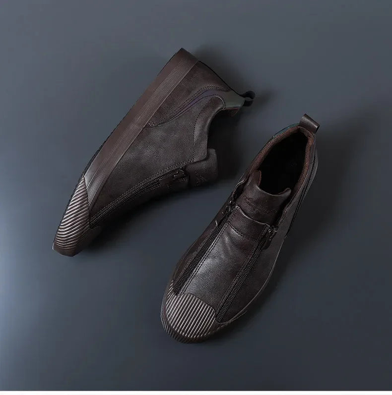 2024 New Autumn Men's Trendy Sports Shoes Leather Soft Sole High Top Men's Shoes One Step Zipper Leather Shoes Size 38-44