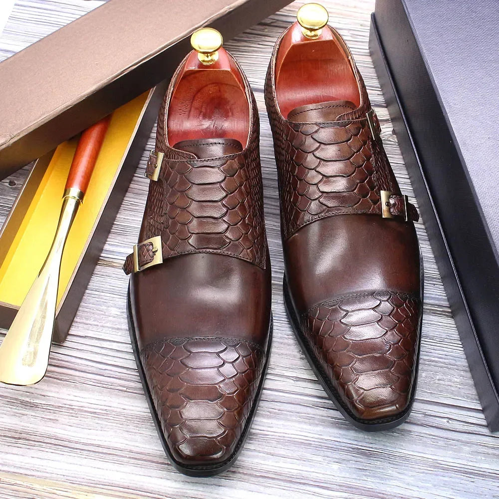 Men's Dress Shoes Size 39-46 Genuine Leather Double Buckle Monk Strap Snake Print Cap Toe Classic Italian Style