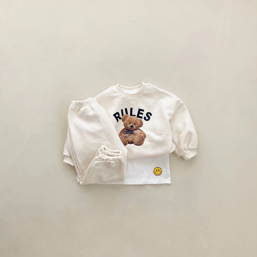 Korean 1-4Y Boys Outfit Set Toddler Girls Clothes Set Fashion Sweatshirt Tops +White Pants Spring Cartoon Bear Kids Clothes Suit
