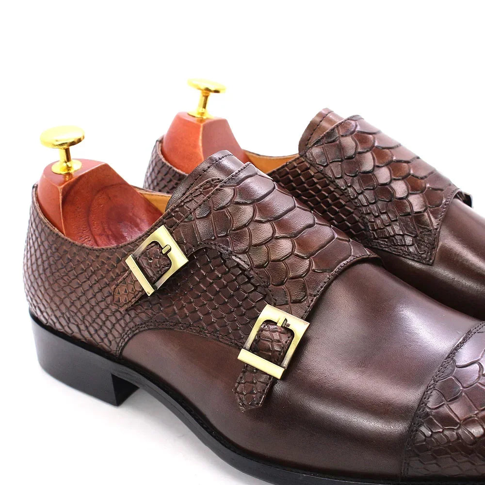 Men's Dress Shoes Size 39-46 Genuine Leather Double Buckle Monk Strap Snake Print Cap Toe Classic Italian Style