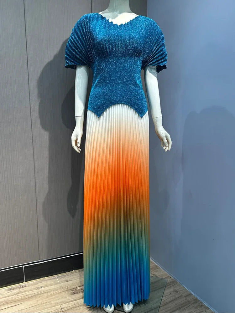 Miyake Pleated 2 Pieces Set Womens Fashion Short Batwing Sleeves Irregular Hem T-shirt New Gradient A-line Folds Long Skirt