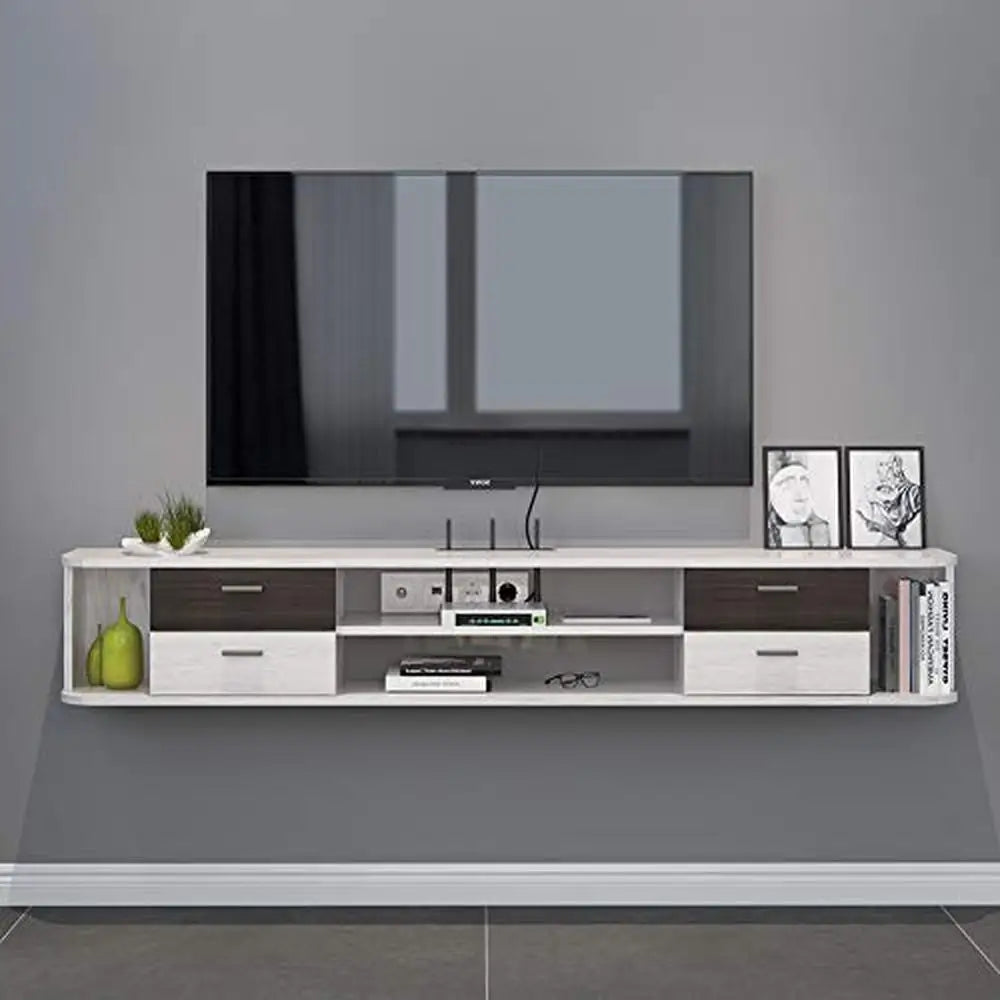 Floating TV Stand Wall Mounted 55'' Media Console Drawers Open Cabinets Cable Management Greyish White Slim Design Organize