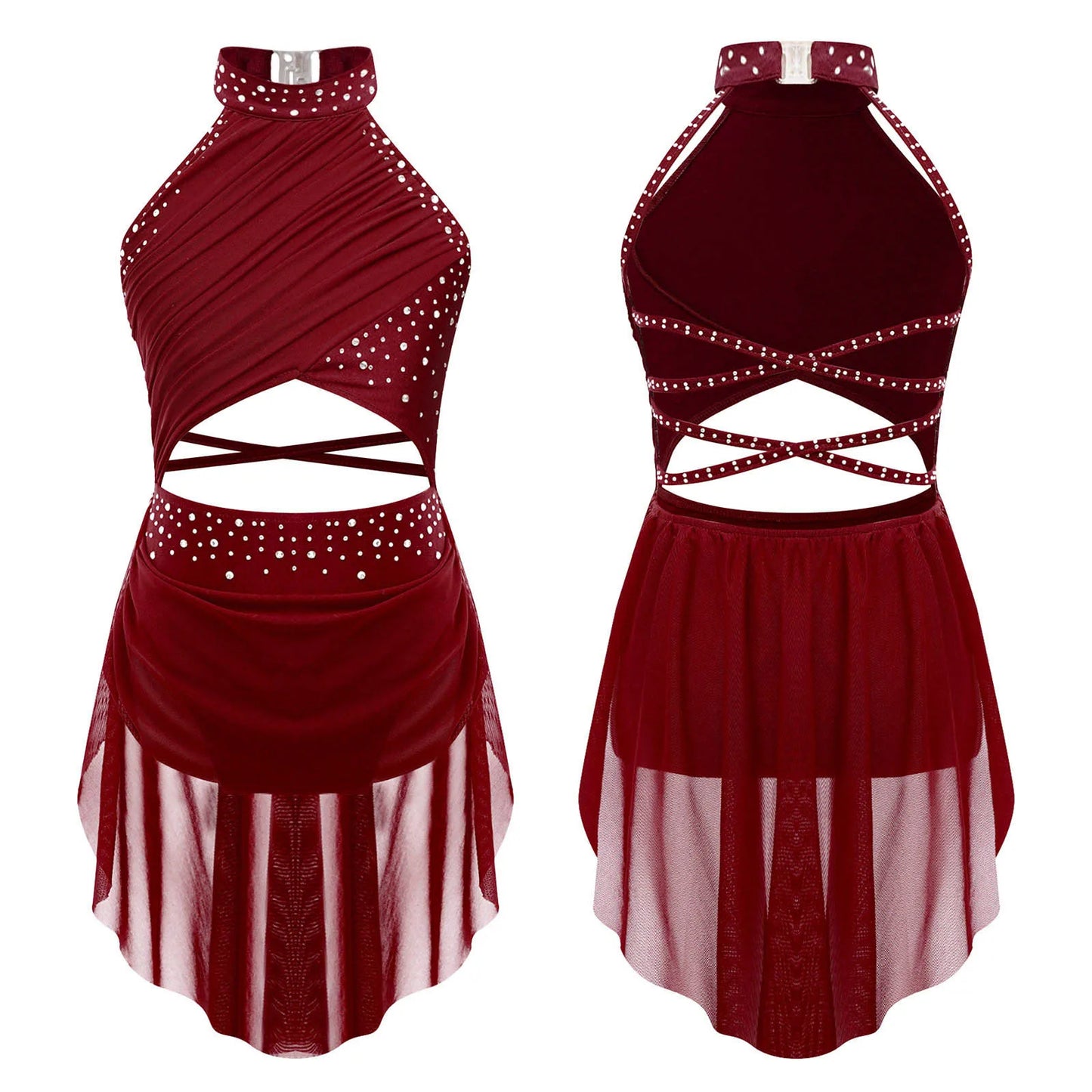 Kids Girls Lyrical Dance Leotard Dress Halter Backless Cutout Back Shiny Rhinestones Ruched Mesh Drape Dresses Modern Dancewear