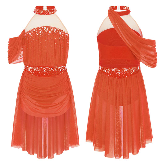 Kids Girls Lyrical Dance Leotard Dress Halter Backless Cutout Back Shiny Rhinestones Ruched Mesh Drape Dresses Modern Dancewear