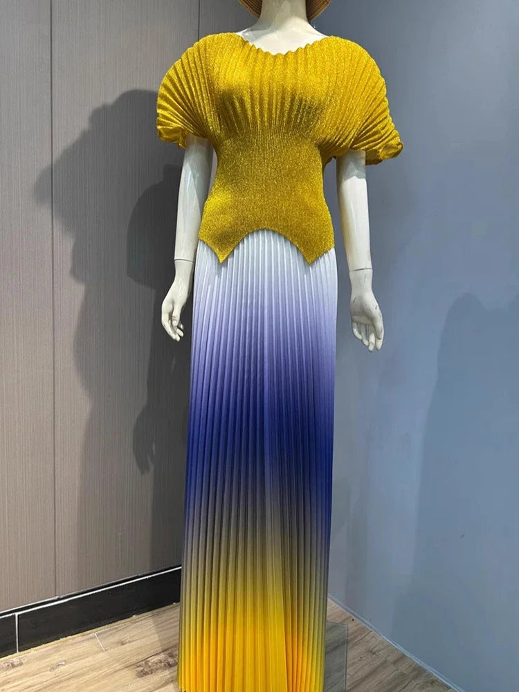 Miyake Pleated 2 Pieces Set Womens Fashion Short Batwing Sleeves Irregular Hem T-shirt New Gradient A-line Folds Long Skirt