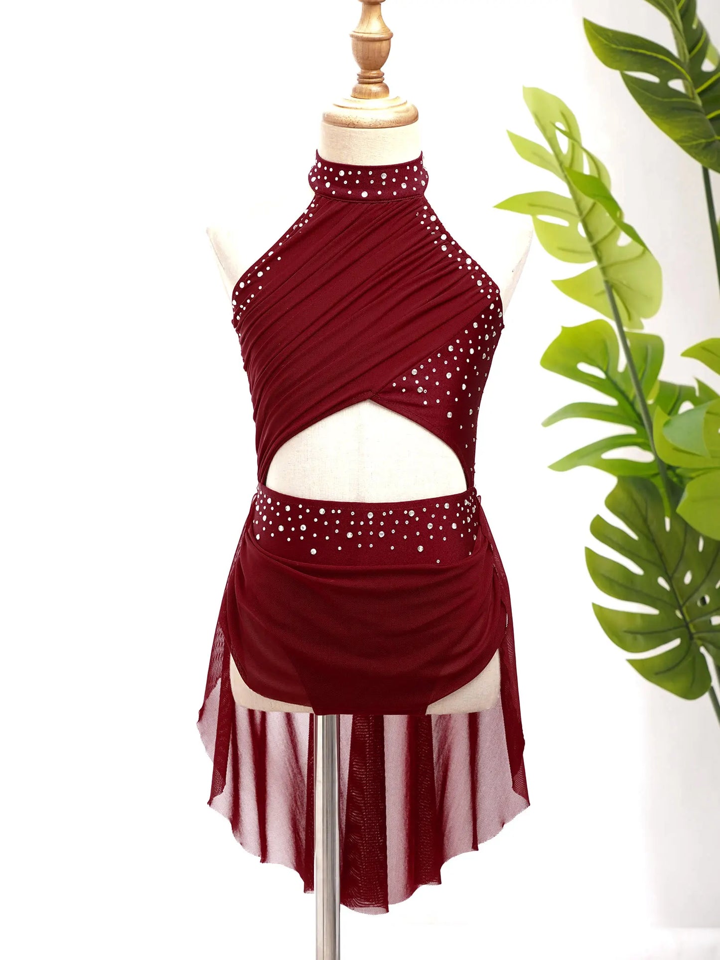 Kids Girls Lyrical Dance Leotard Dress Halter Backless Cutout Back Shiny Rhinestones Ruched Mesh Drape Dresses Modern Dancewear