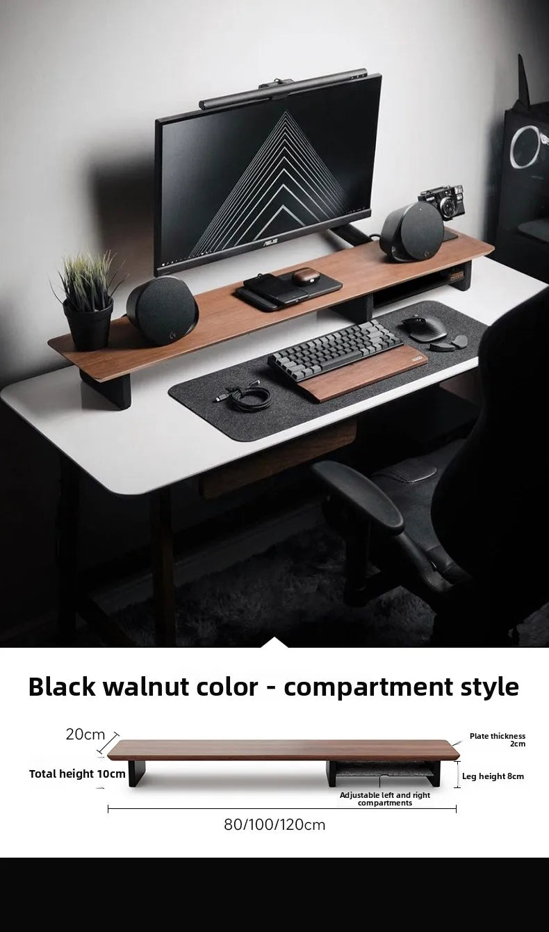 Walnut Wood Computer Riser with Drawers Desktop Storage Rack Double-Layer Monitor Stand Modern Office Space Saving Organizer