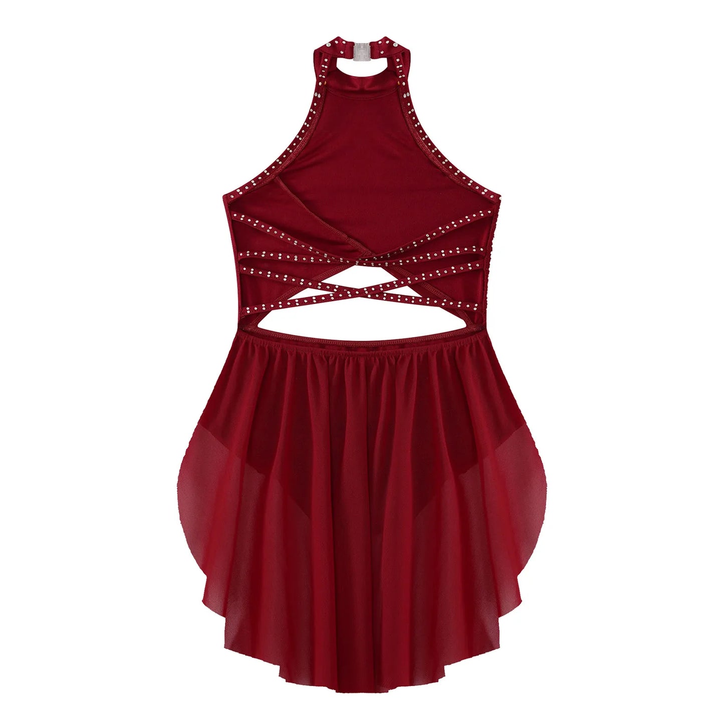 Kids Girls Lyrical Dance Leotard Dress Halter Backless Cutout Back Shiny Rhinestones Ruched Mesh Drape Dresses Modern Dancewear