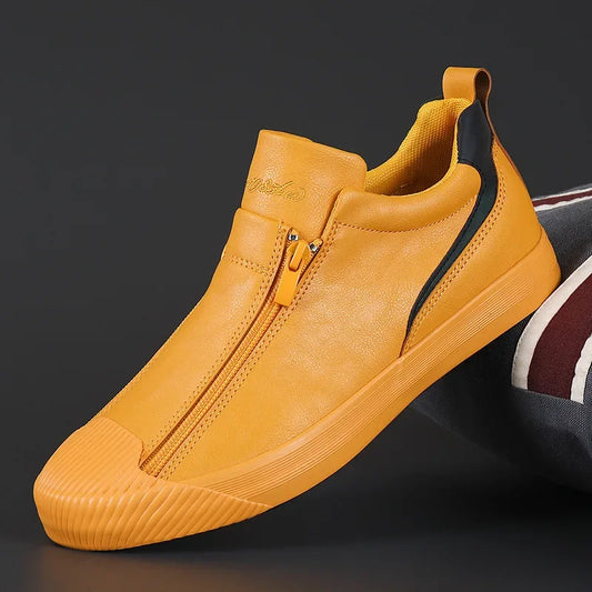 2024 New Autumn Men's Trendy Sports Shoes Leather Soft Sole High Top Men's Shoes One Step Zipper Leather Shoes Size 38-44