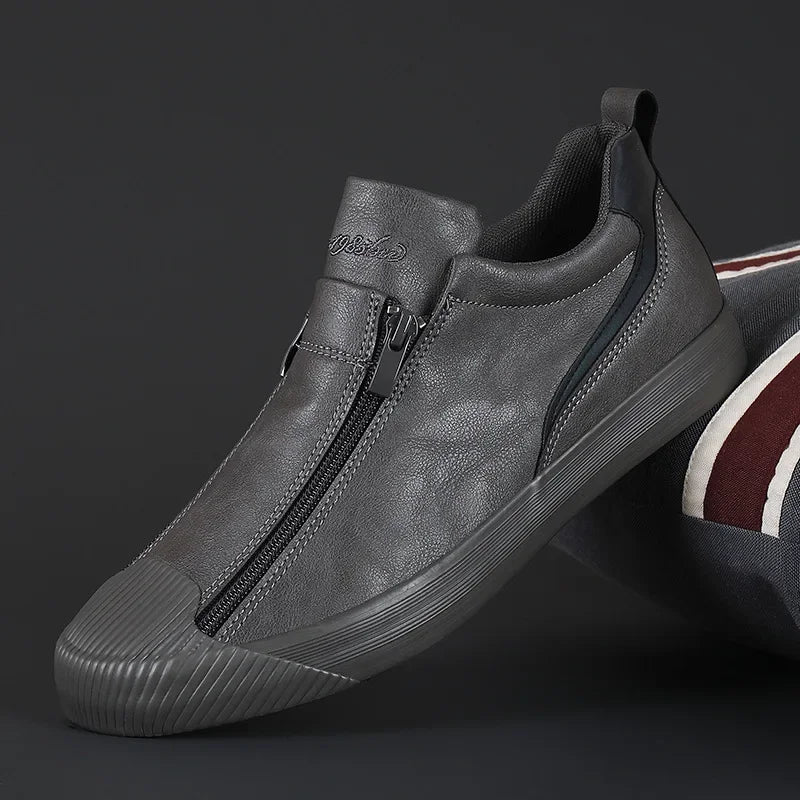 2024 New Autumn Men's Trendy Sports Shoes Leather Soft Sole High Top Men's Shoes One Step Zipper Leather Shoes Size 38-44