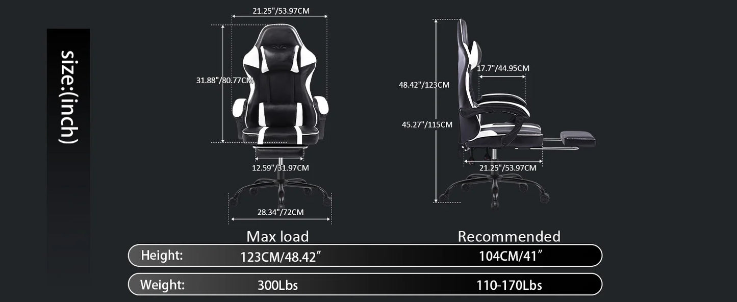 Ergonomic Gaming Chair with Footrest, High-Back Video Game Chair Computer Chair, Office Chair with Headrest and Lumbar, PU Leath