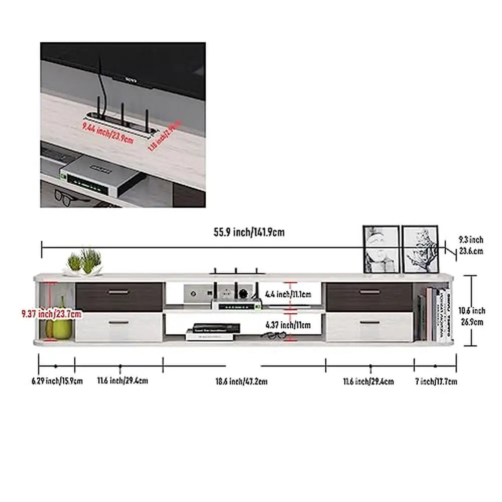 Floating TV Stand Wall Mounted 55'' Media Console Drawers Open Cabinets Cable Management Greyish White Slim Design Organize