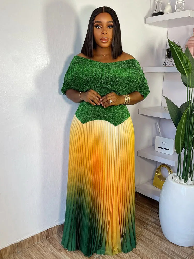 Miyake Pleated 2 Pieces Set Womens Fashion Short Batwing Sleeves Irregular Hem T-shirt New Gradient A-line Folds Long Skirt