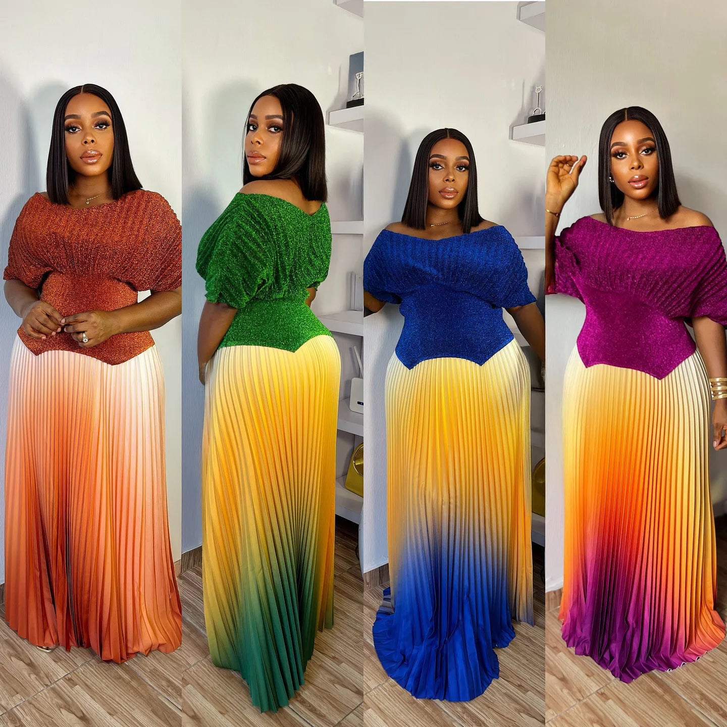 Miyake Pleated 2 Pieces Set Womens Fashion Short Batwing Sleeves Irregular Hem T-shirt New Gradient A-line Folds Long Skirt