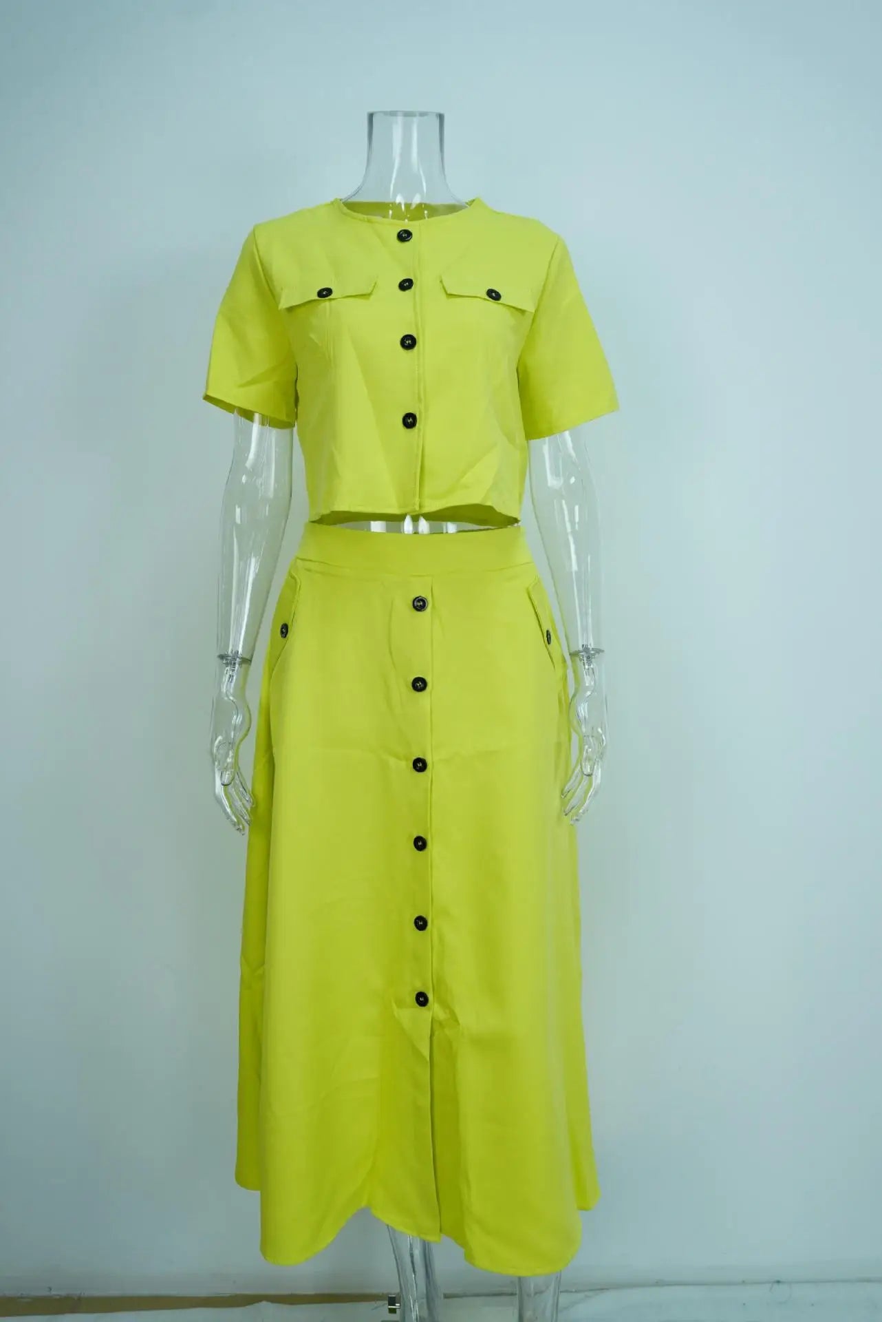 Women Top Skirt Sets Summer Short Sleeve O-Neck Button Shirt + Midi Skirts Two 2 Piece Setss 2024 Elegant Office Ladies Suits