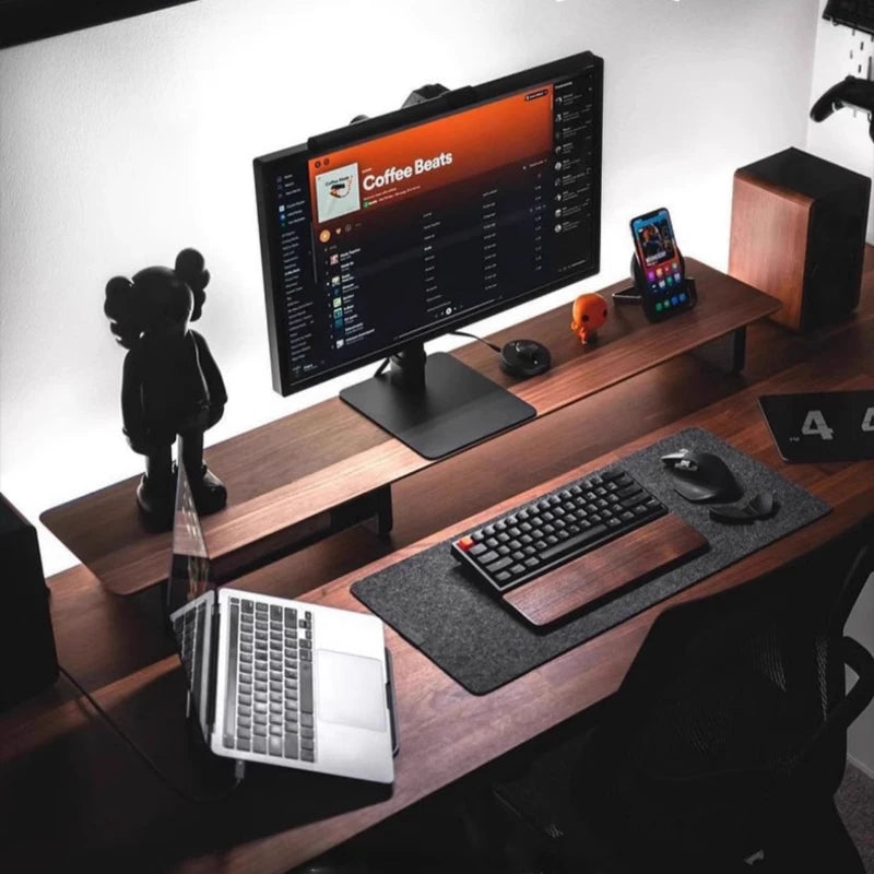 Walnut Wood Computer Riser with Drawers Desktop Storage Rack Double-Layer Monitor Stand Modern Office Space Saving Organizer