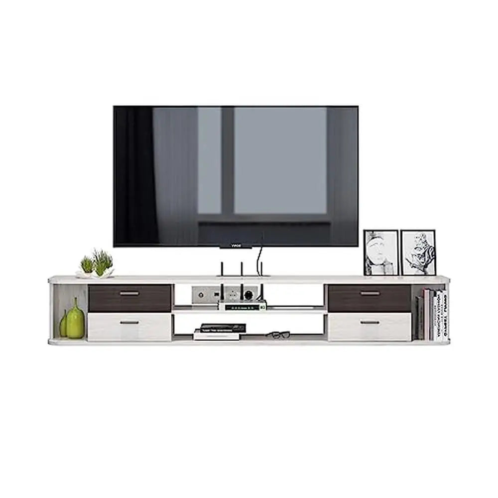 Floating TV Stand Wall Mounted 55'' Media Console Drawers Open Cabinets Cable Management Greyish White Slim Design Organize