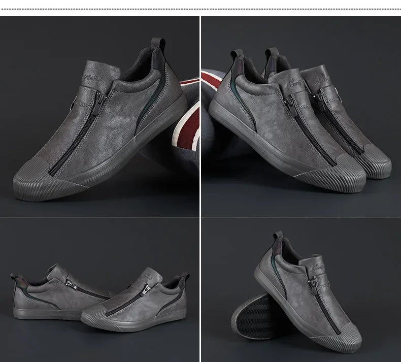 2024 New Autumn Men's Trendy Sports Shoes Leather Soft Sole High Top Men's Shoes One Step Zipper Leather Shoes Size 38-44