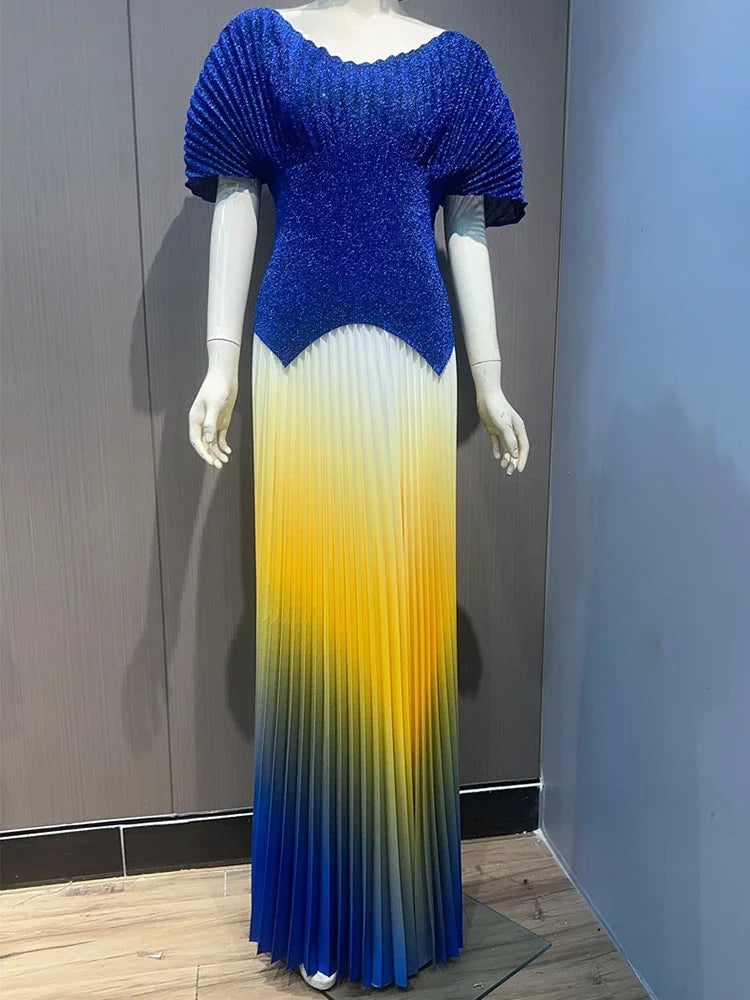 Miyake Pleated 2 Pieces Set Womens Fashion Short Batwing Sleeves Irregular Hem T-shirt New Gradient A-line Folds Long Skirt